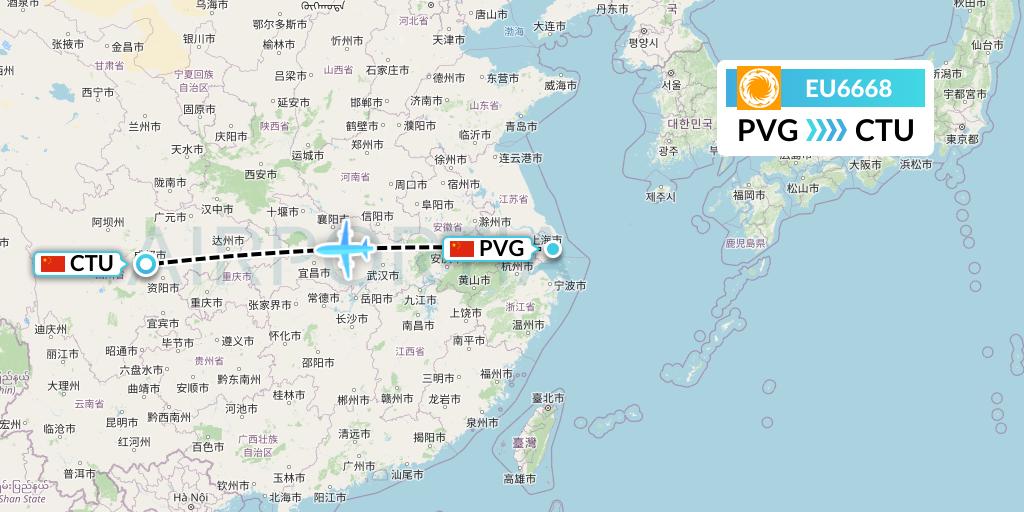 EU6668 Chengdu Airlines Flight Map: Shanghai to Chengdu