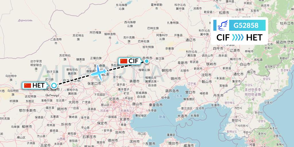 G52858 China Express Airlines Flight Map: Chifeng to Hohhot