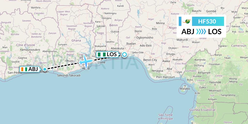 HF530 Air Cote d'Ivoire Flight Map: Abidjan to Lagos
