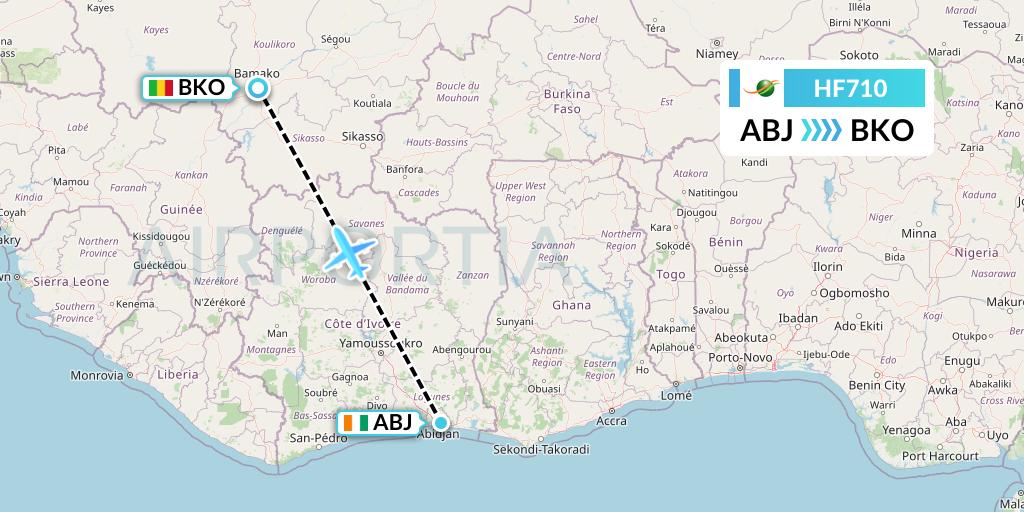 HF710 Air Cote d'Ivoire Flight Map: Abidjan to Bamako
