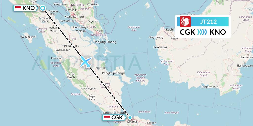 JT212 Lion Airlines Flight Map: Jakarta to Medan