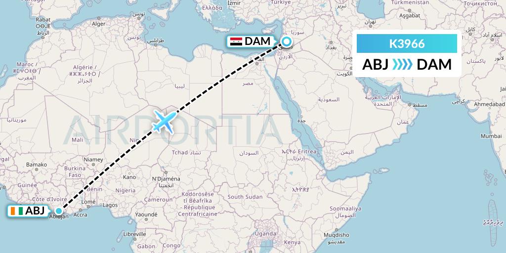 K3966 Taquan Air Flight Map: Abidjan to Damascus
