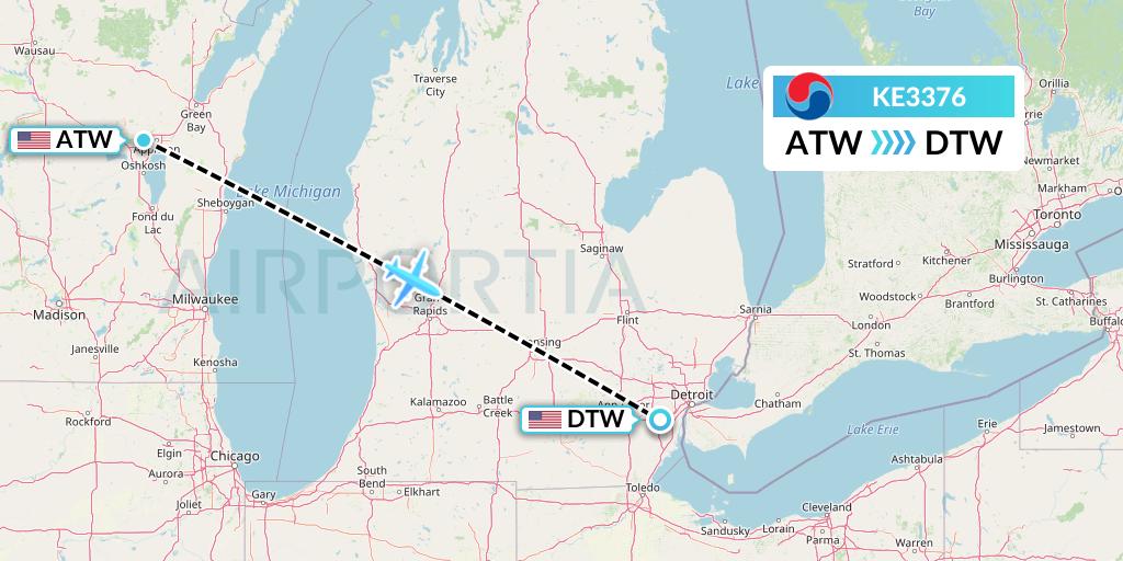 KE3376 Korean Air Flight Map: Appleton to Detroit