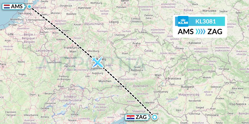 KL3081 KLM Flight Map: Amsterdam to Zagreb