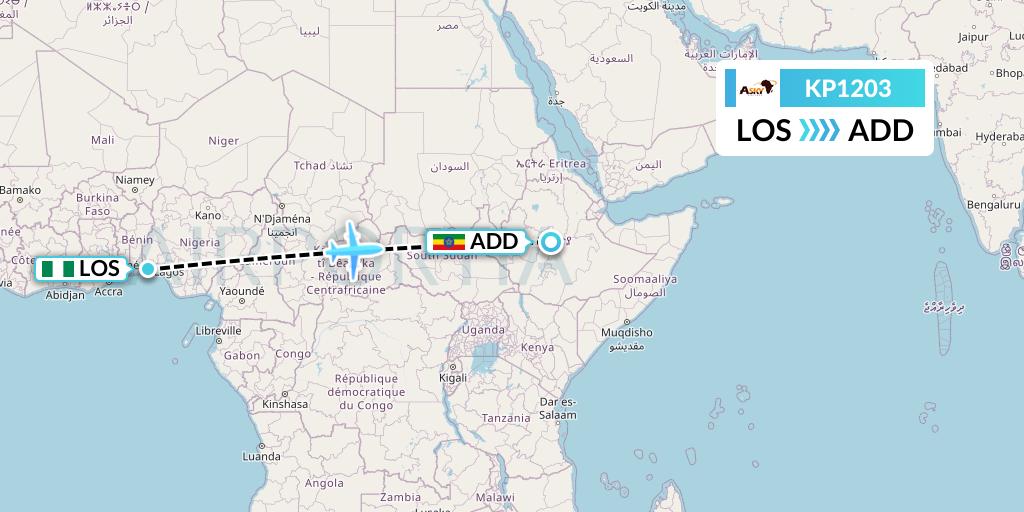 KP1203 ASKY Flight Map: Lagos to Addis Ababa