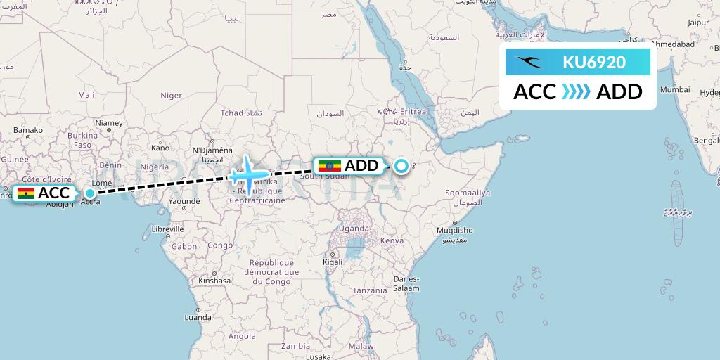 KU6920 Kuwait Airways Flight Map: Accra to Addis Ababa