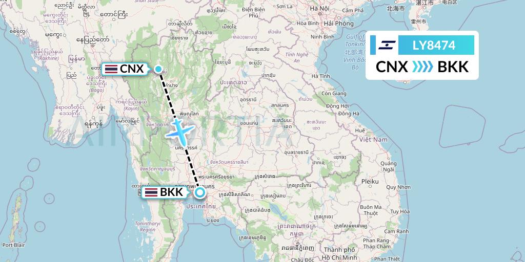 LY8474 El Al Flight Map: Chiang Mai to Bangkok