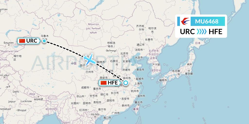 MU6468 China Eastern Airlines Flight Map: Urumqi to Hefei
