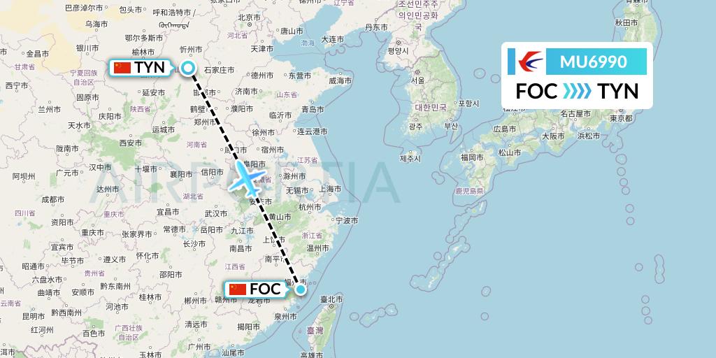 MU6990 China Eastern Airlines Flight Map: Fuzhou to Taiyuan