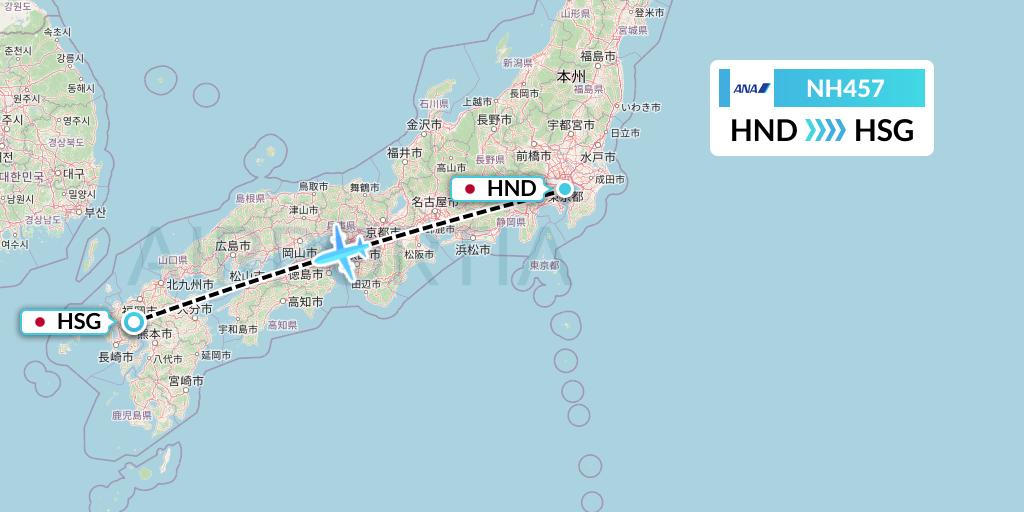 NH457 All Nippon Airways Flight Map: Tokyo to Saga