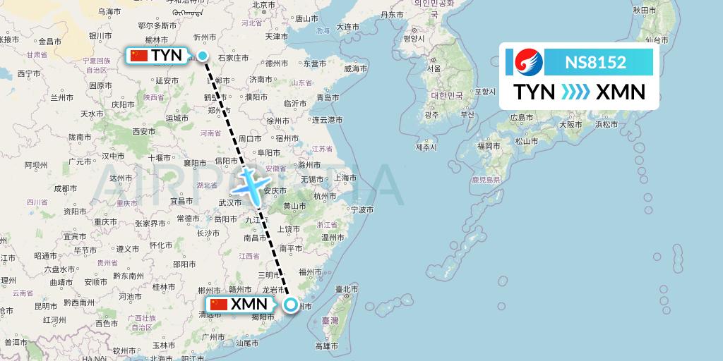 NS8152 Hebei Airlines Flight Map: Taiyuan to Xiamen