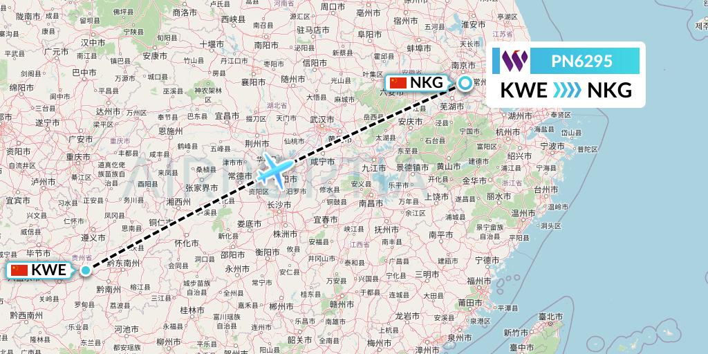 PN6295 China West Air Flight Map: Guiyang to Nanjing