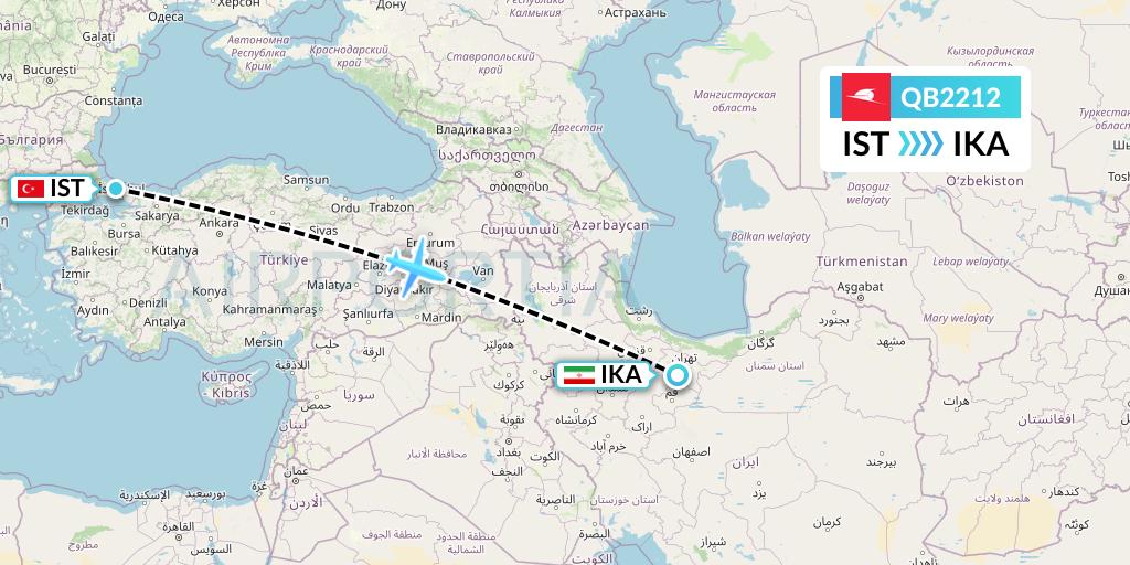 QB2212 Qeshm Airlines Flight Map: Istanbul to Tehran
