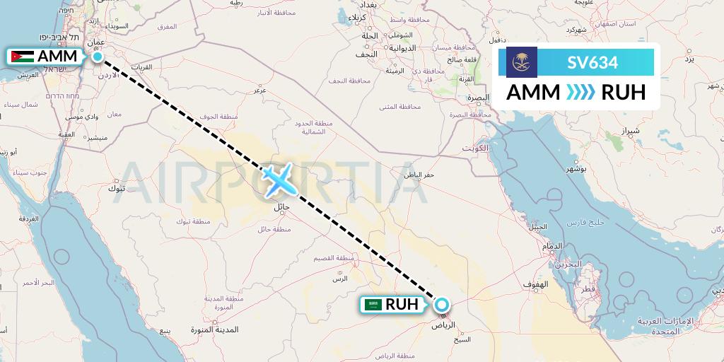 SV634 Saudi Arabian Airlines Flight Map: Amman to Riyadh