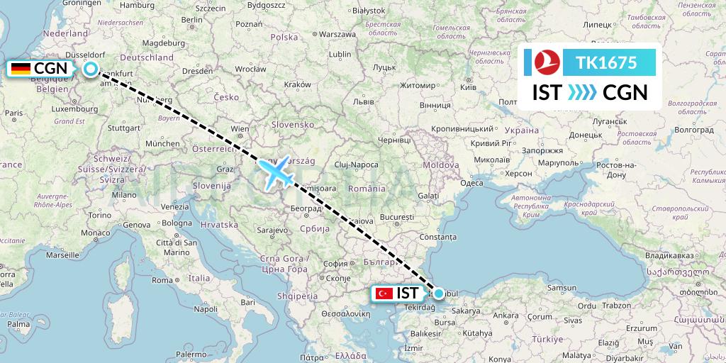 TK1675 Turkish Airlines Flight Map: Istanbul to Cologne