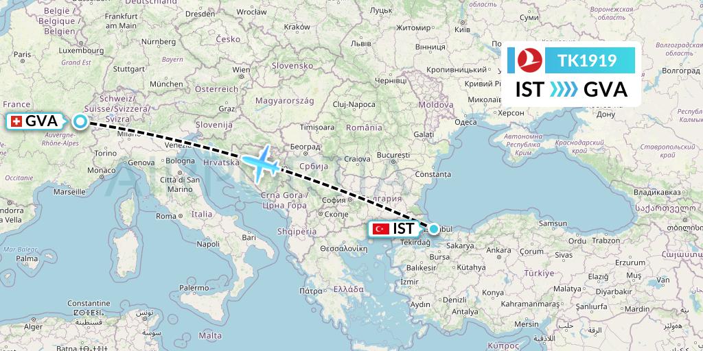 TK1919 Turkish Airlines Flight Map: Istanbul to Geneva