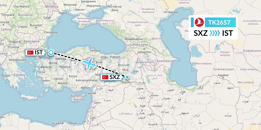TK2657 Turkish Airlines Flight Map: Siirt to Istanbul