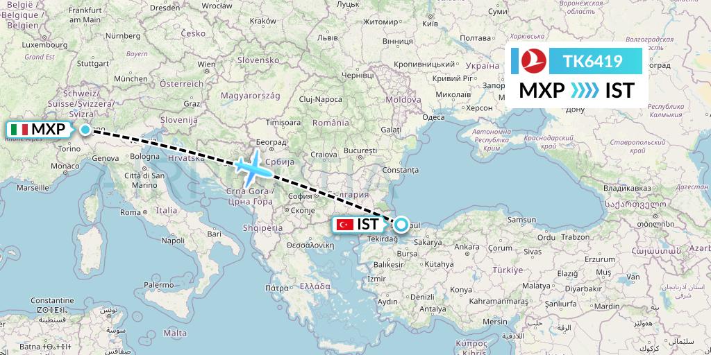 TK6419 Turkish Airlines Flight Map: Milan to Istanbul