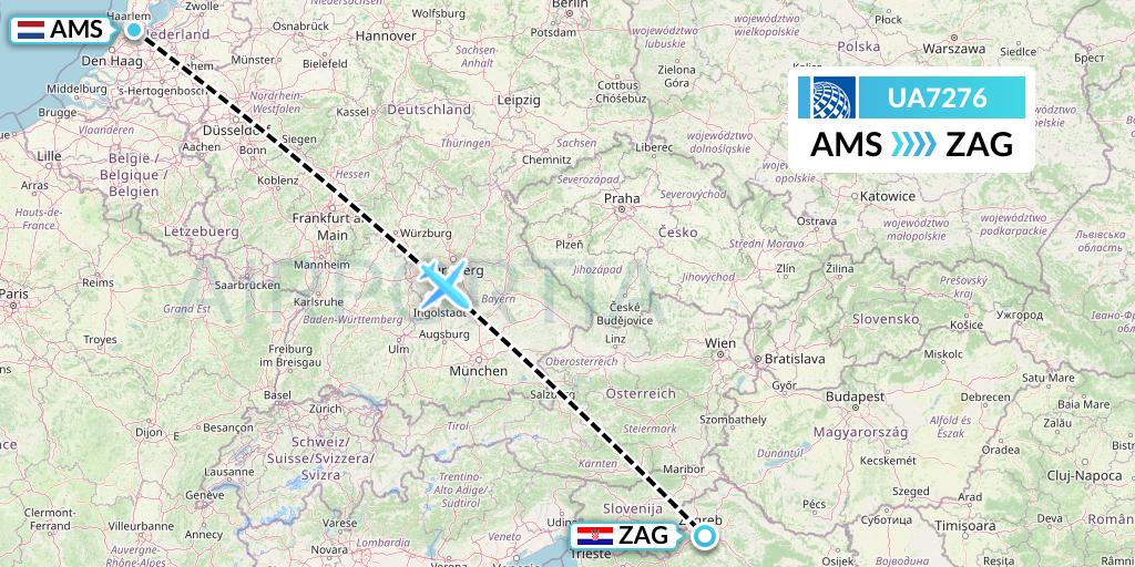 UA7276 United Airlines Flight Map: Amsterdam to Zagreb