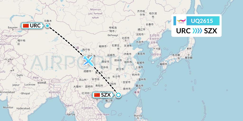 UQ2615 Urumqi Airlines Flight Map: Urumqi to Shenzhen