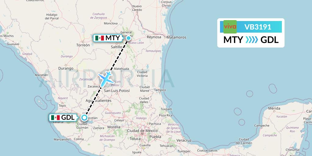 VB3191 VivaAerobus Flight Map: Monterrey to Guadalajara