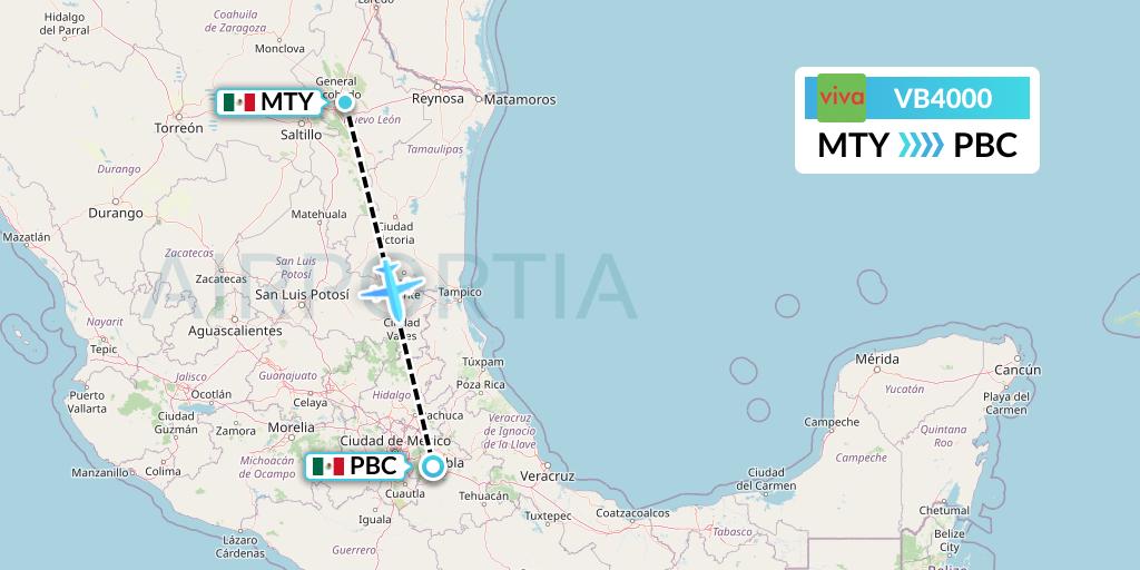 VB4000 VivaAerobus Flight Map: Monterrey to Puebla