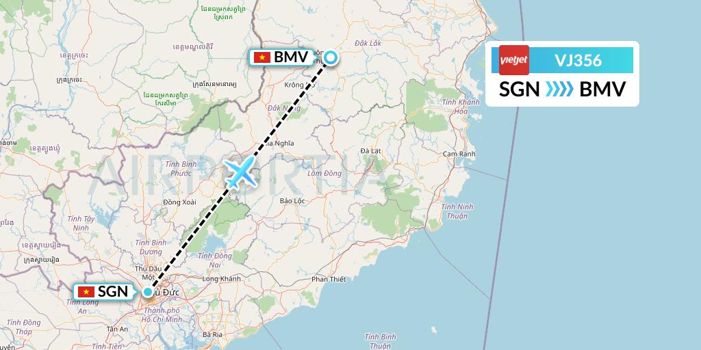 VJ356 VietJet Air Flight Map: Ho Chi Minh City to Buon Ma Thuot