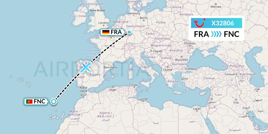 X32806 TUI fly Germany Flight Map: Frankfurt to Funchal