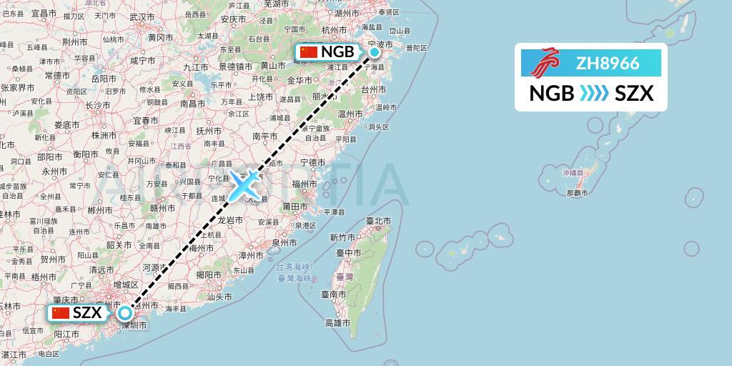 ZH8966 Shenzhen Airlines Flight Map: Ningbo to Shenzhen
