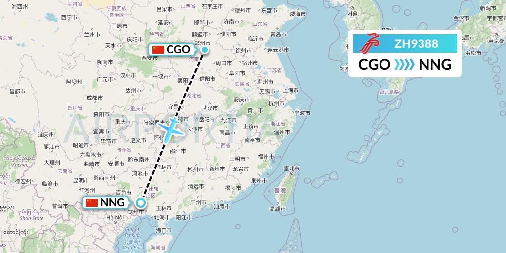 ZH9388 Shenzhen Airlines Flight Map: Zhengzhou to Nanning
