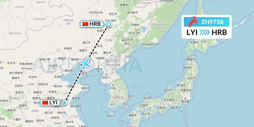 ZH9758 Shenzhen Airlines Flight Map: Linyi to Harbin