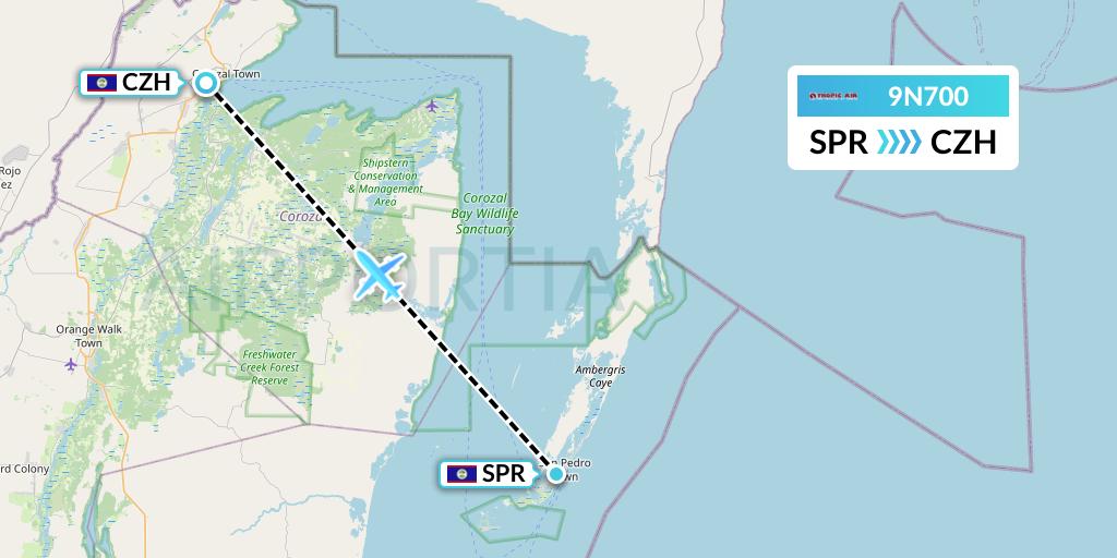 9N700 Tropic Air Flight Map: San Pedro to Corozal