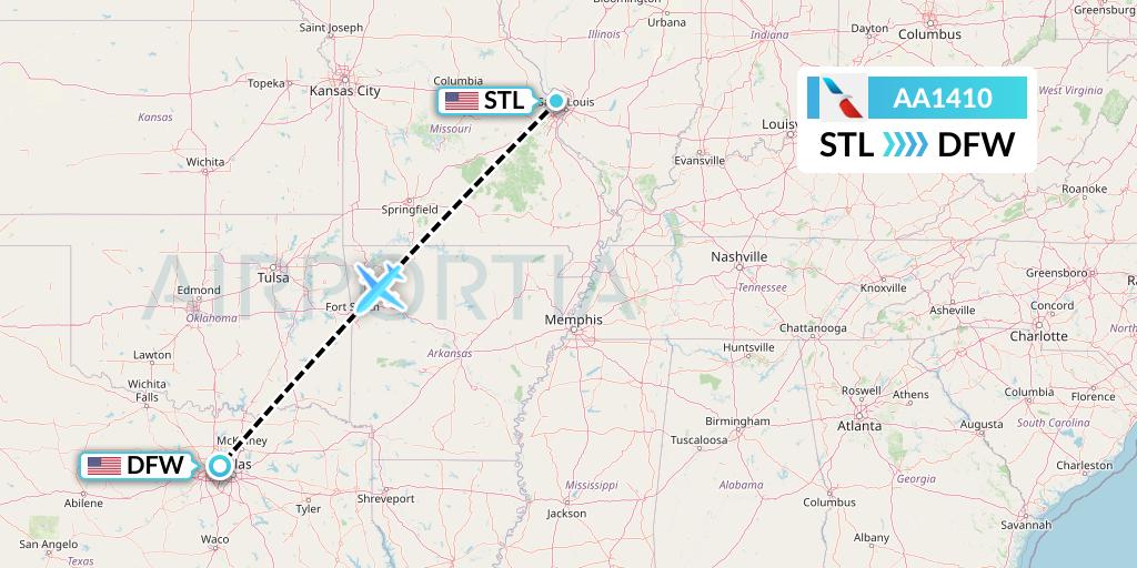 AA1410 American Airlines Flight Map: St. Louis to Dallas