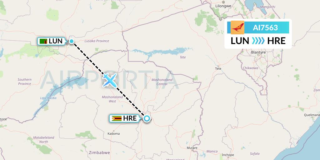AI7563 Air India Flight Map: Lusaka to Harare