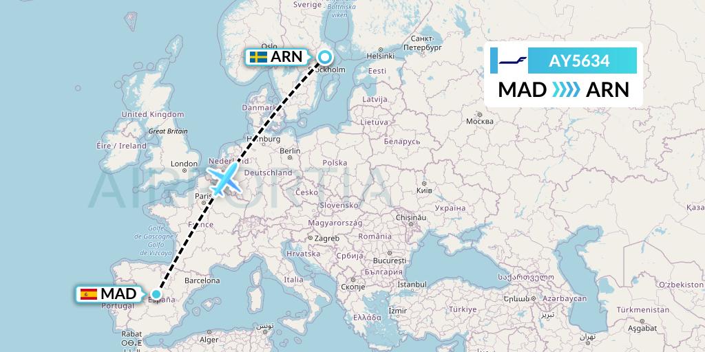 AY5634 Finnair Flight Map: Madrid to Stockholm