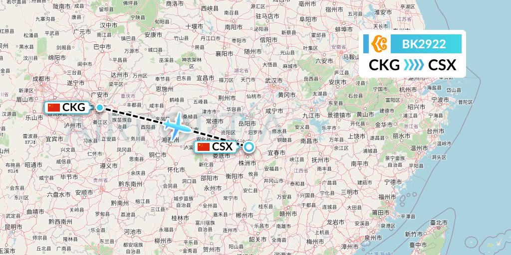 BK2922 Okay Airways Flight Map: Chongqing to Changsha