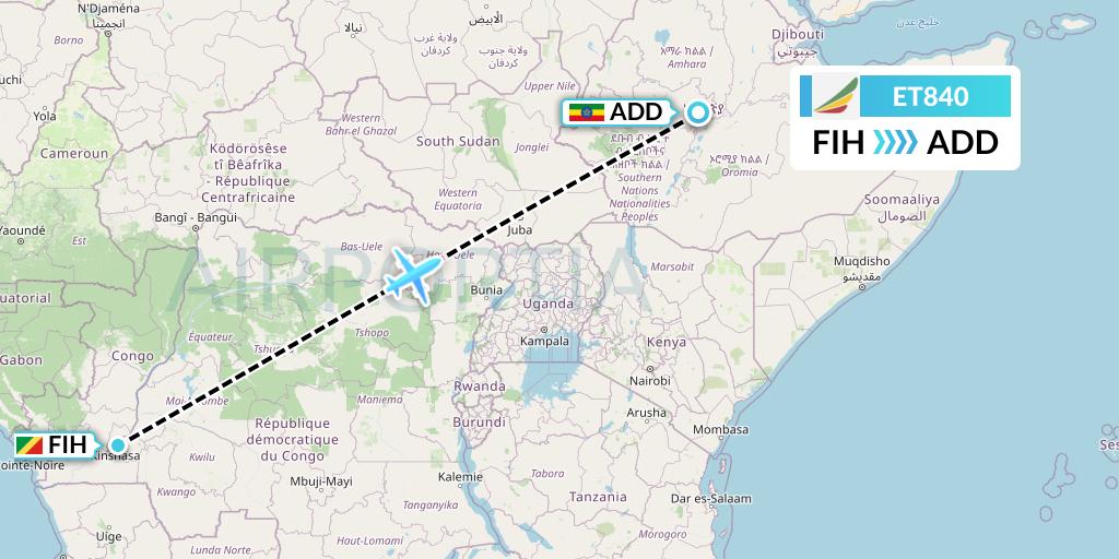 ET840 Ethiopian Airlines Flight Map: Kinshasa to Addis Ababa