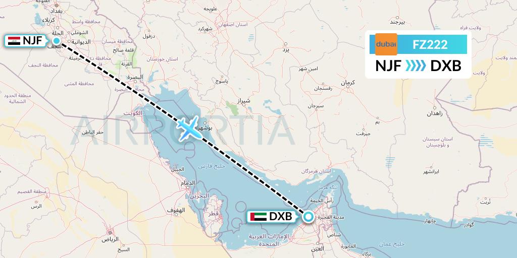 FZ222 FlyDubai Flight Map: Najaf to Dubai