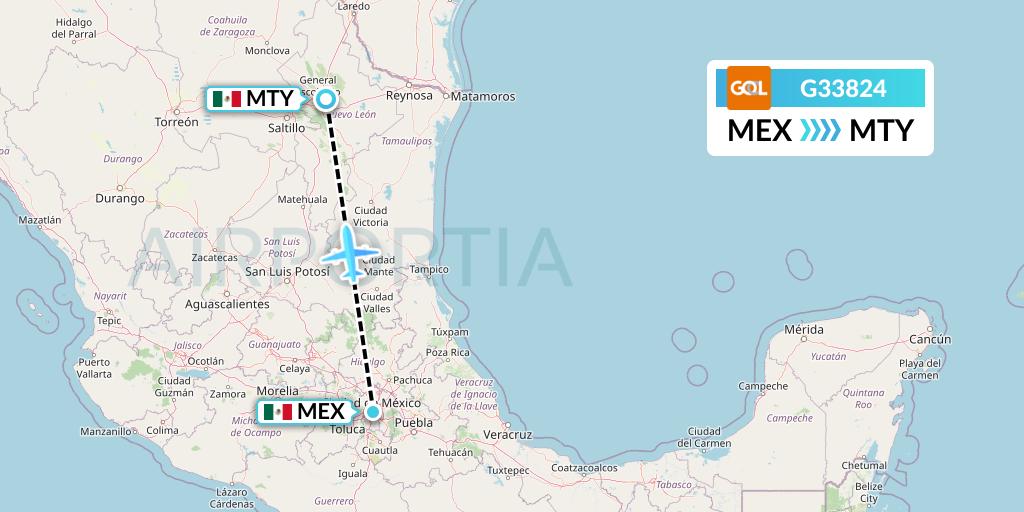 G33824 GOL Transportes Aeros Flight Map: Mexico City to Monterrey