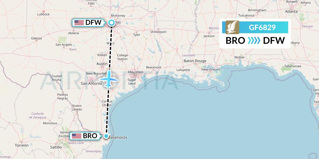 GF6829 Gulf Air Flight Map: Brownsville to Dallas