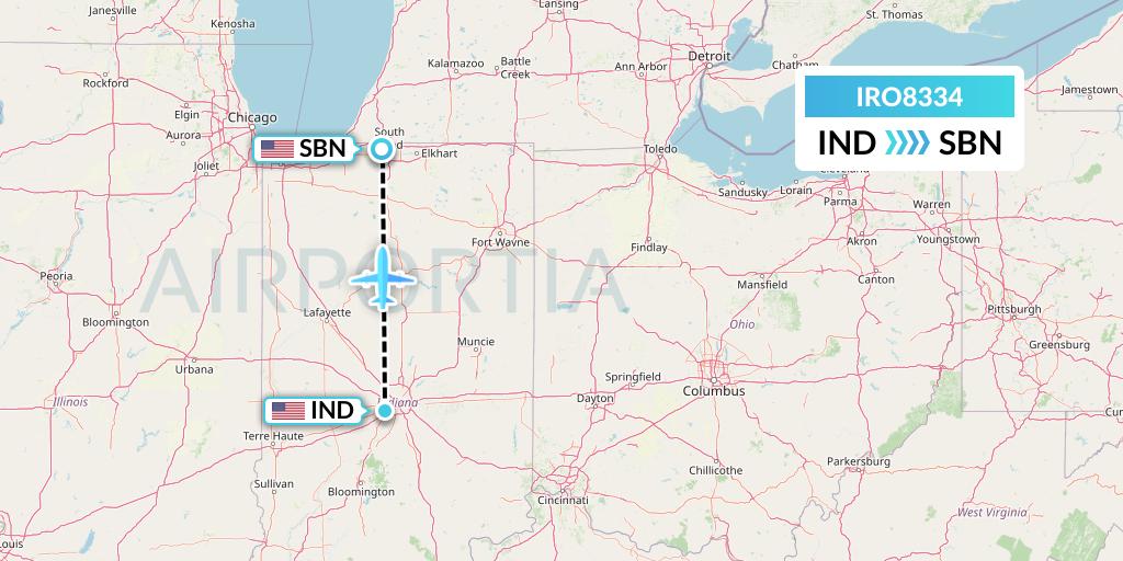 IRO8334 CSA Air Flight Map: Indianapolis to South Bend