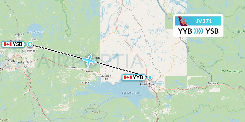 JV371 Bearskin Airlines Flight Map: North Bay to Sudbury