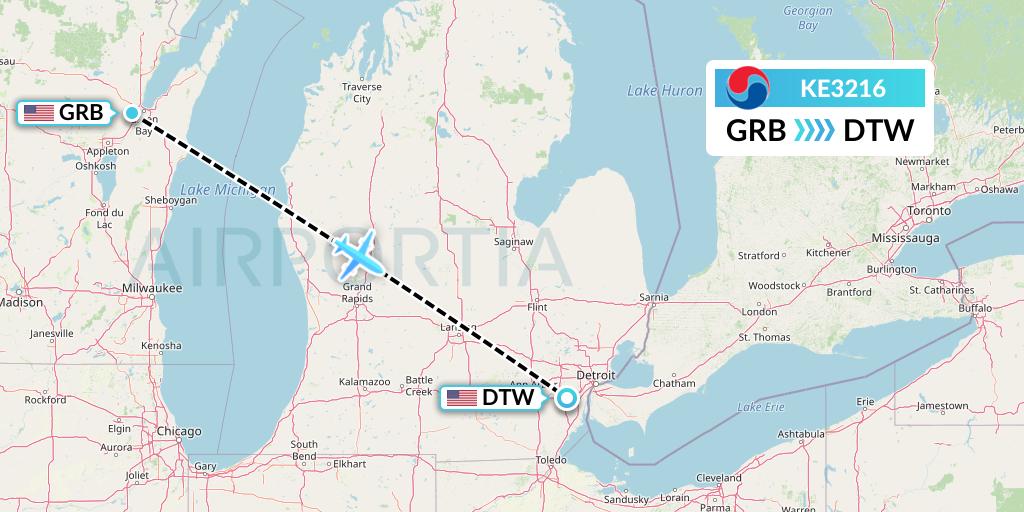 KE3216 Korean Air Flight Map: Green Bay to Detroit