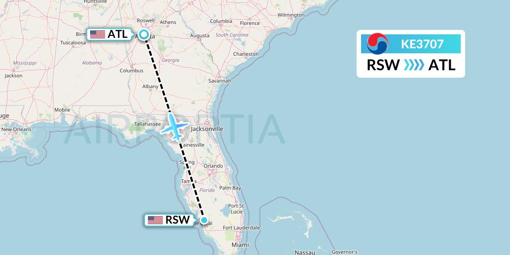 KE3707 Korean Air Flight Map: Fort Myers to Atlanta