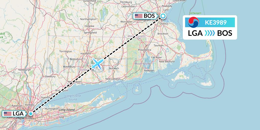 KE3989 Korean Air Flight Map: New York to Boston