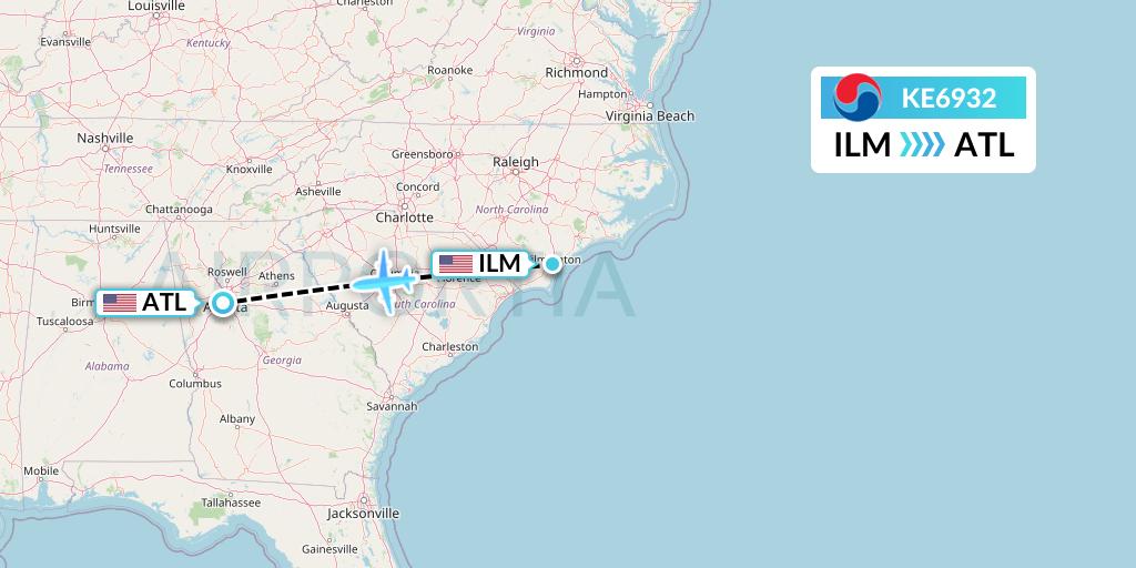 KE6932 Korean Air Flight Map: Wilmington to Atlanta