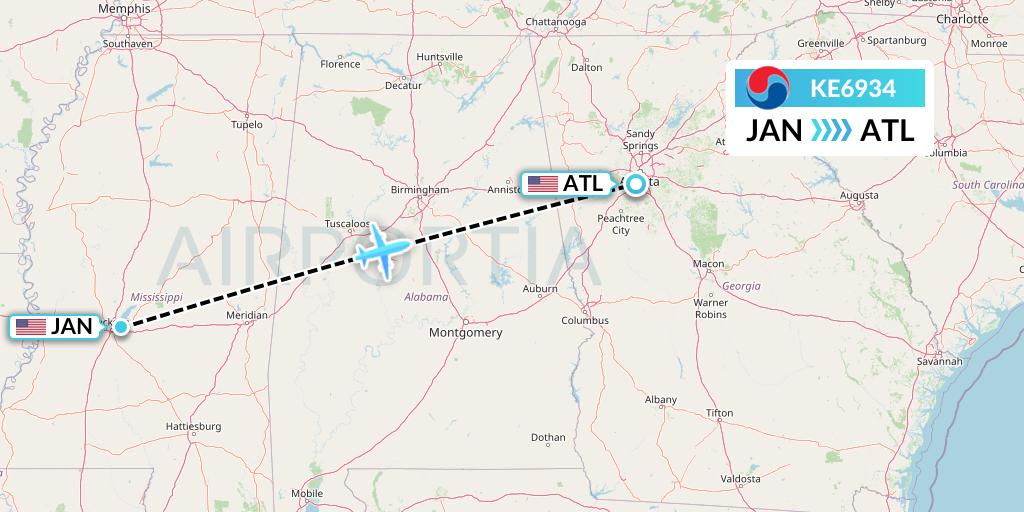 KE6934 Korean Air Flight Map: Jackson to Atlanta