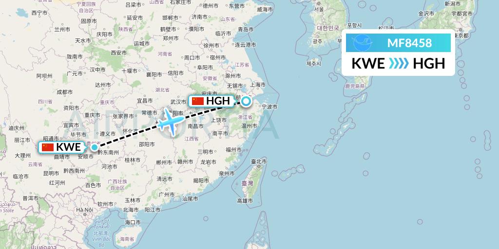 MF8458 Xiamen Airlines Flight Map: Guiyang to Hangzhou
