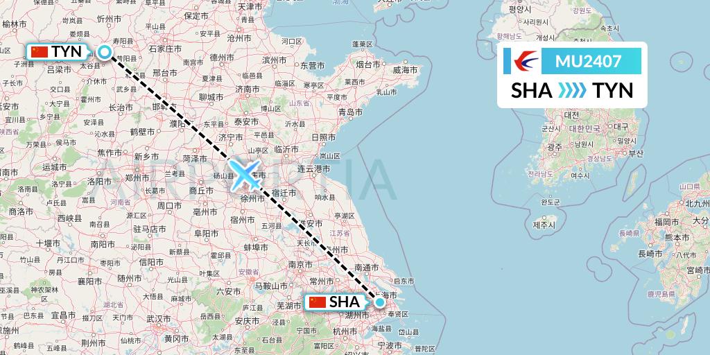 MU2407 China Eastern Airlines Flight Map: Shanghai to Taiyuan