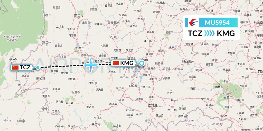 MU5954 China Eastern Airlines Flight Map: Tengchong to Kunming